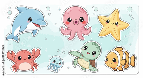 Colorful cartoon sea creatures smiling faces.