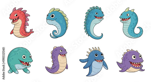 Colorful cartoon dragon sea creatures.