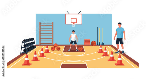 Vector illustration of a basketball player practicing agility drills with cones on an indoor court, accompanied by a coach, sports equipment, basketballs, and a gym weight rack.