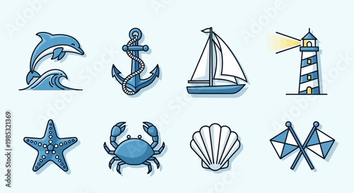 Nautical icons set with sea symbols.