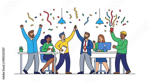 Business people celebrating at office desk.