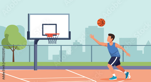 Vector illustration of a young man playing basketball on an outdoor city court, aiming a ball at the hoop with a white backboard against a skyline background and green tree.