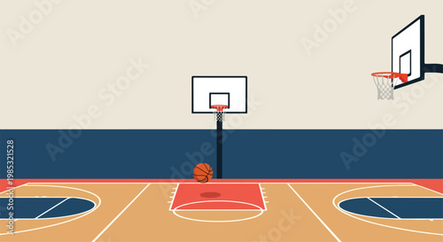 Minimalist flat vector illustration of an empty indoor basketball court with two hoops, an orange bouncing ball, and professional court markings in red, blue, and tan colors.