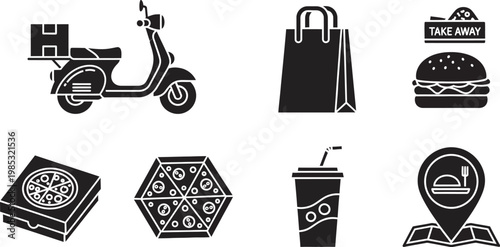 Food delivery icons set including scooter, bags, burger, pizza, drink, and location pin on white background for business, restaurant, and takeout concepts