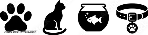 Black and white icons of pets and pet accessories