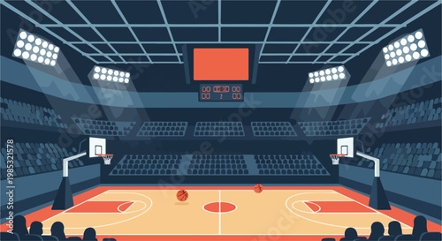 Vector illustration of an indoor basketball arena with a wooden court, two hoops, basketballs, tiered seating stands, an electronic scoreboard, and bright stadium floodlights.