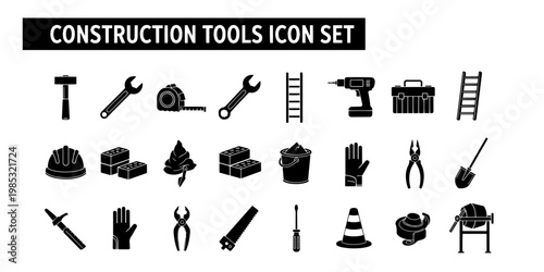 A comprehensive and informative minimalist black silhouette icon set featuring essential construction tools and equipment for building, renovation, and home improvement industry projects
