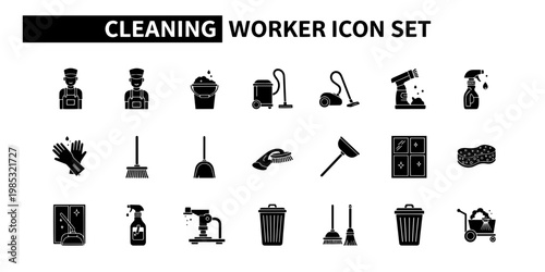 A comprehensive collection of minimalist and functional cleaning worker icons, featuring silhouettes of staff, vacuum cleaners, brooms, and other essential equipment for professional services.