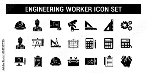 A professional and minimalist graphic collection featuring icons for engineering workers, construction tools, and architectural drafting equipment, ideal for industrial design and safety concepts.