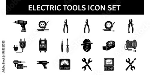 A Professional Minimalist Set of Electric Tools Icons for Electrical and Construction Industries, Including Drills, Pliers, and Hard Hats, on a White Background