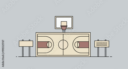 Minimalist vector illustration of a basketball court layout with backboard and hoop icon, including two signage boards, designed in flat line art style with neutral tan and maroon tones.