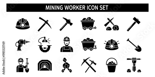 Professional and Minimalist Mining Worker Icon Set featuring Industrial Tools and Silhouettes in a Flat Graphic Design style