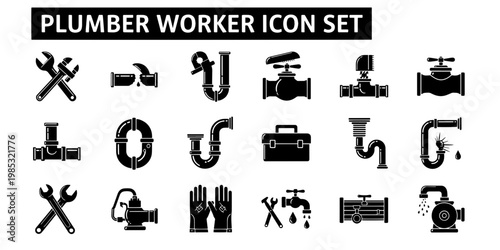 Plumber Worker Icon Set Minimalist Informative Collection of Tools and Pipe Components for Construction Home Repair Services and DIY Projects