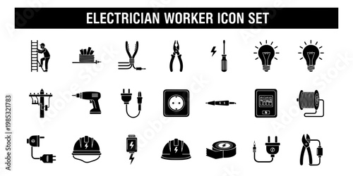 Professional Minimalist Graphic Icons Set for Electrician Workers and Electrical Tools This Collection Represents Industry Equipment Safety Gear and Job Concepts with Clean Design