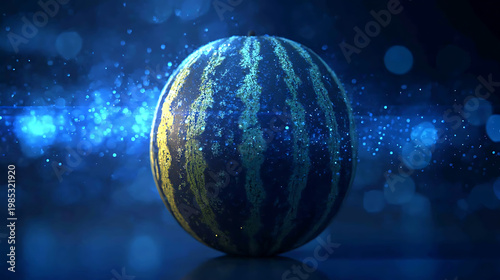 A spherical watermelon sits center frame. Surrounded by a glittering blue light it stands out against a dim background.