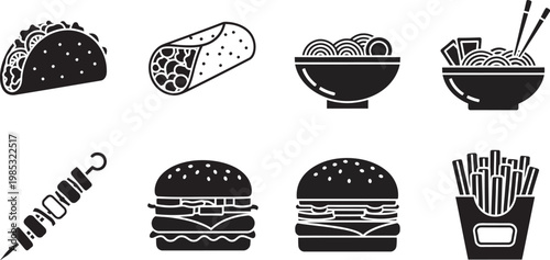 Black and white fast food icons set including burger, fries, taco, sushi, and skewer on white background for menu or advertising design