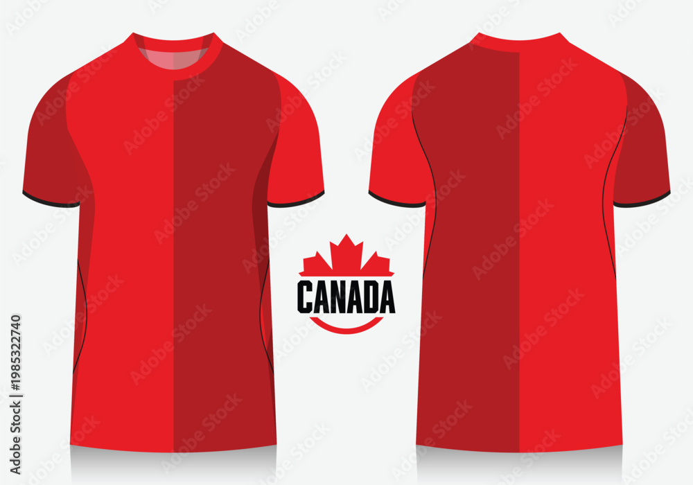 Naklejka premium Canada national football team soccer jersey or football kit template design. Soccer shirt icon for football world tournament in 2026. Front and back view soccer jersey mockup. 