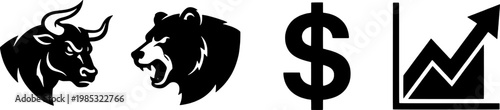 Stock market symbols with bull, bear, dollar sign, and graph