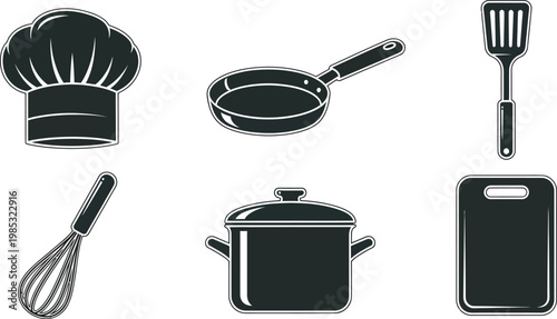 Kitchen cooking utensils and tools chef hat frying pan whisk pot cutting board spatula flat black icons for culinary restaurant menu design