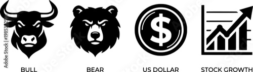 Stock market symbols for bull bear us dollar and stock growth