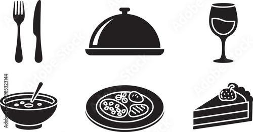 Food and drink icons set including utensils, covered dish, wine glass, soup bowl, plate of food, and cake slice in black silhouette on white background for restaurant, menu, or culinary concept