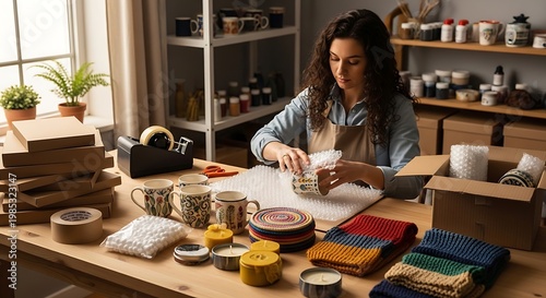 Artisan woman carefully wraps a candle for shipping at her workshop.