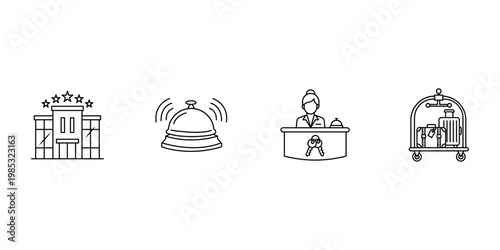 Hotel and hospitality service line icons for travel booking reception desk luxury accommodation guest assistance and tourism vector illustration.