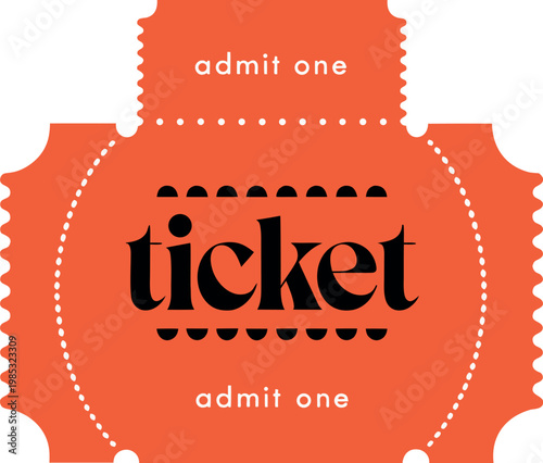 Orange ticket stub with text admit one and ticket, vintage style for events.