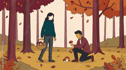Couple Picking Mushrooms in Autumn Forest with Basket and Knife
