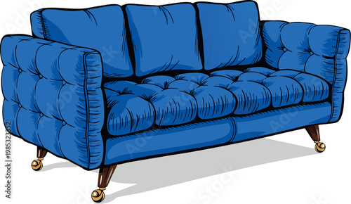 Luxurious tufted blue sofa with golden caster wheels, elegant living room furniture.