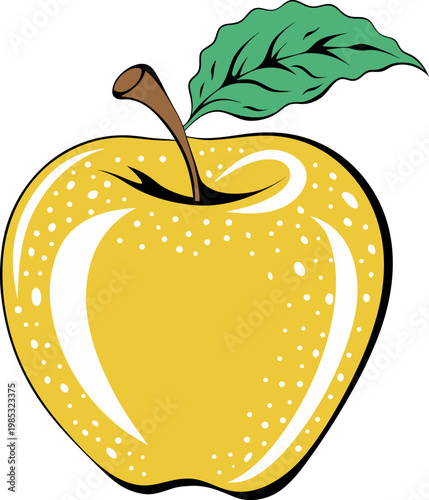 Bright yellow apple with green leaf and brown stem, fresh healthy fruit vector.