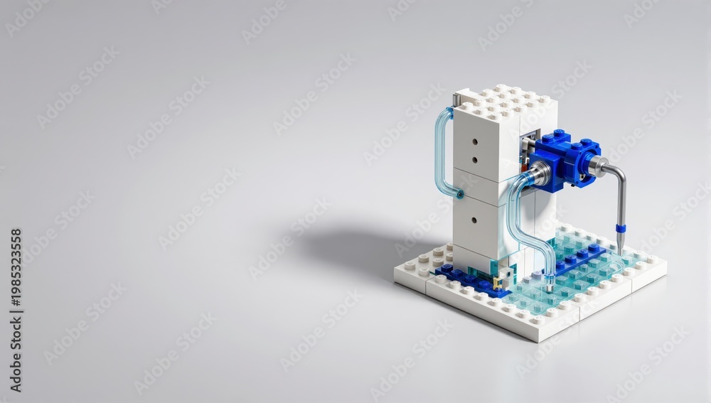 Fototapeta premium White and blue LEGO construction resembling a science lab with water tubes and blue liquid