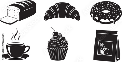 black and white bakery food icons set