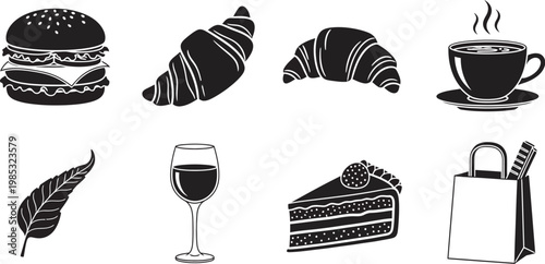 Food and drink icons set including burger, croissant, coffee, wine, cake