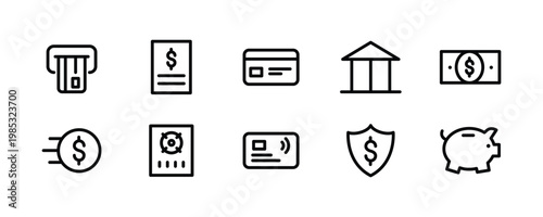 Online Money Icon Finance E-commerce Banking Digital Payment line and flat icons set pack, editable stroke isolated on white, linear vector outline illustration, symbol logo design style