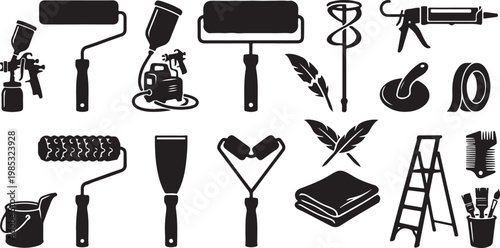 Professional Painting and Home Improvement Tools Set, Black Silhouette Icons of Paint Rollers, Spray Guns, Caulking Gun, Ladder, and Brushes for Construction and Renovation Work