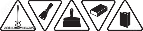 Set of Black and White Icons for Painting and Surface Preparation Tools Including Paint Mixer, Scraper, Putty Knife, Sanding Block, and Sandpaper.