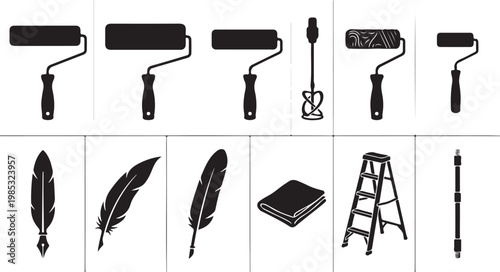 Set of Black Silhouette Icons for Home Renovation Painting and Decorating Tools, Including Paint Rollers, Stepladder, and Quill Pens