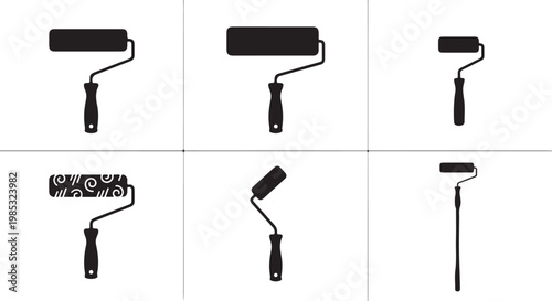 Set of diverse paint roller icons for DIY, home improvement, and interior renovation projects. Flat black vector silhouettes of painting tools with extension pole and patterned rollers