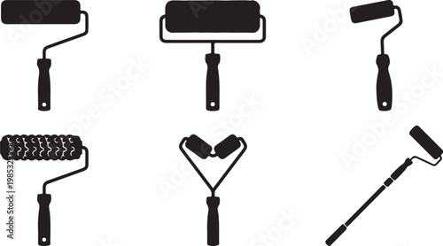 Set of Different Paint Roller Silhouettes for Home Renovation and DIY Decorating Projects, Paint Applicator Tools Collection.