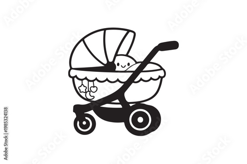 Modern baby stroller clipart clean outline pram vector on white background.