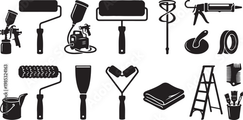 Set of Painting and Home Renovation Tool Icons featuring Paint Rollers, Brushes, Spray Guns, Putty Knives, and Ladders for DIY Projects
