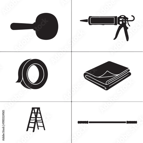 Set of Painting and Home Improvement Tools Silhouettes Caulking Gun, Ladder, Masking Tape, Wall Patch Tool, Drop Cloth, and Extension Pole Icons for DIY Projects.