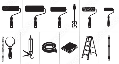 Set of Painting and Home Renovation Tool Icons, DIY Equipment and Interior Decorating Supplies including Paint Rollers, Stepladder, Caulking Gun, and Masking Tape