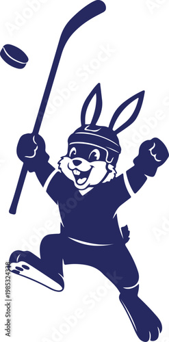 Blue cartoon bunny character playing ice hockey with stick and puck in mid air jump rabbit