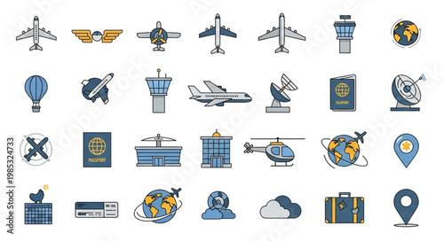 Collection of aviation and travel related icons and symbols.
