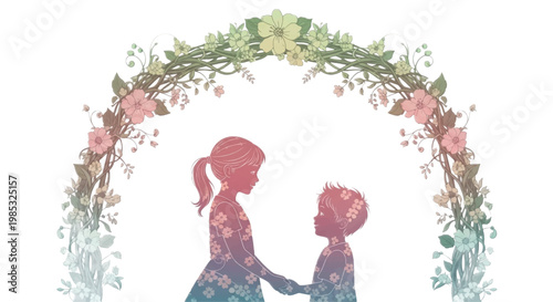 Floral Silhouette, Mother and Child, Pink Flowers, Green Leaves Arch, Watercolor Illustration, Vector Graphic