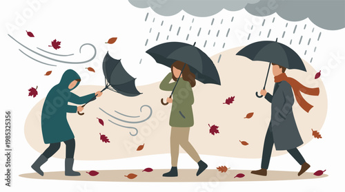 Illustration of people with umbrellas in a windy and rainy autumn day