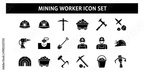 A professional collection of mining worker icons in a flat vector style showcasing industrial tools equipment and silhouettes of miners for informative infographics and design projects.
