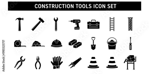 Black silhouette construction tools icon set showcasing minimalist and informational designs for building maintenance and engineering projects a comprehensive graphic collection.